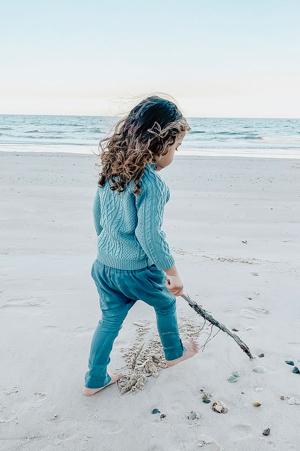 Kids Bohemian style blue pants,  100% Merino wool sweater in blue. Exclusive to We the Wild Collective
